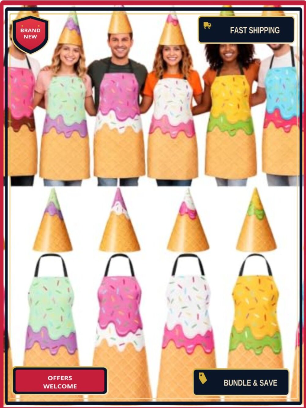 6 Set Ice Cream Costume Aprons & Cone Hats Adult Group Halloween Party